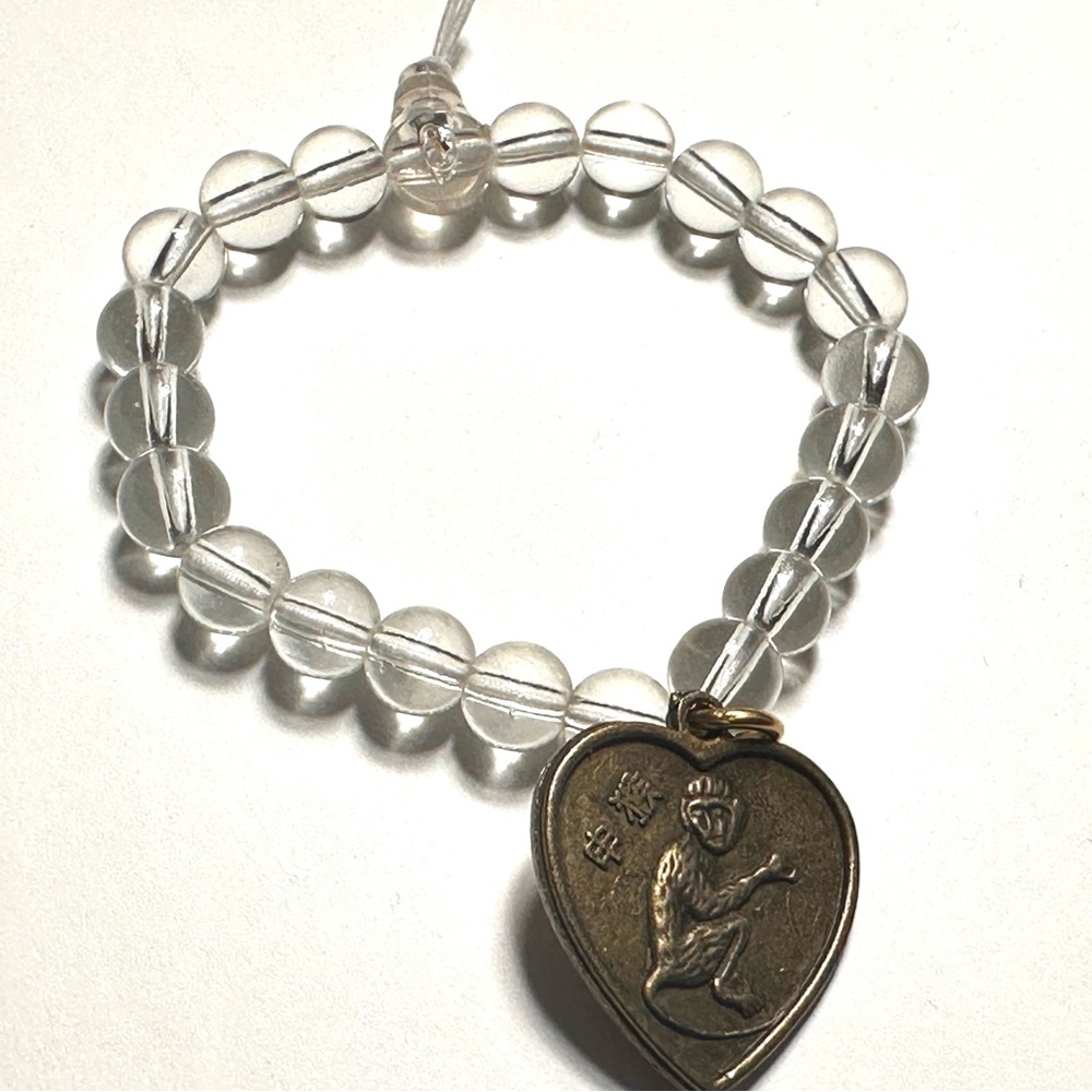 Chinese Horoscope Monkey Sign Charm Stretch Bracelet Clear Round Beads
